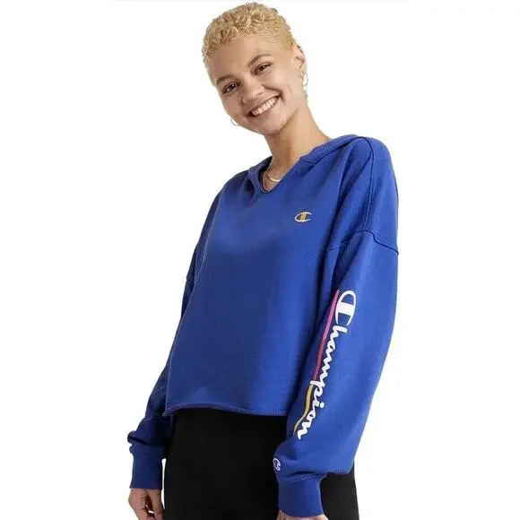 Champion French Terry Split-Neck Hoodie Sweatshirt Campus Sz L Underlined Logo - Picture 1 of 9